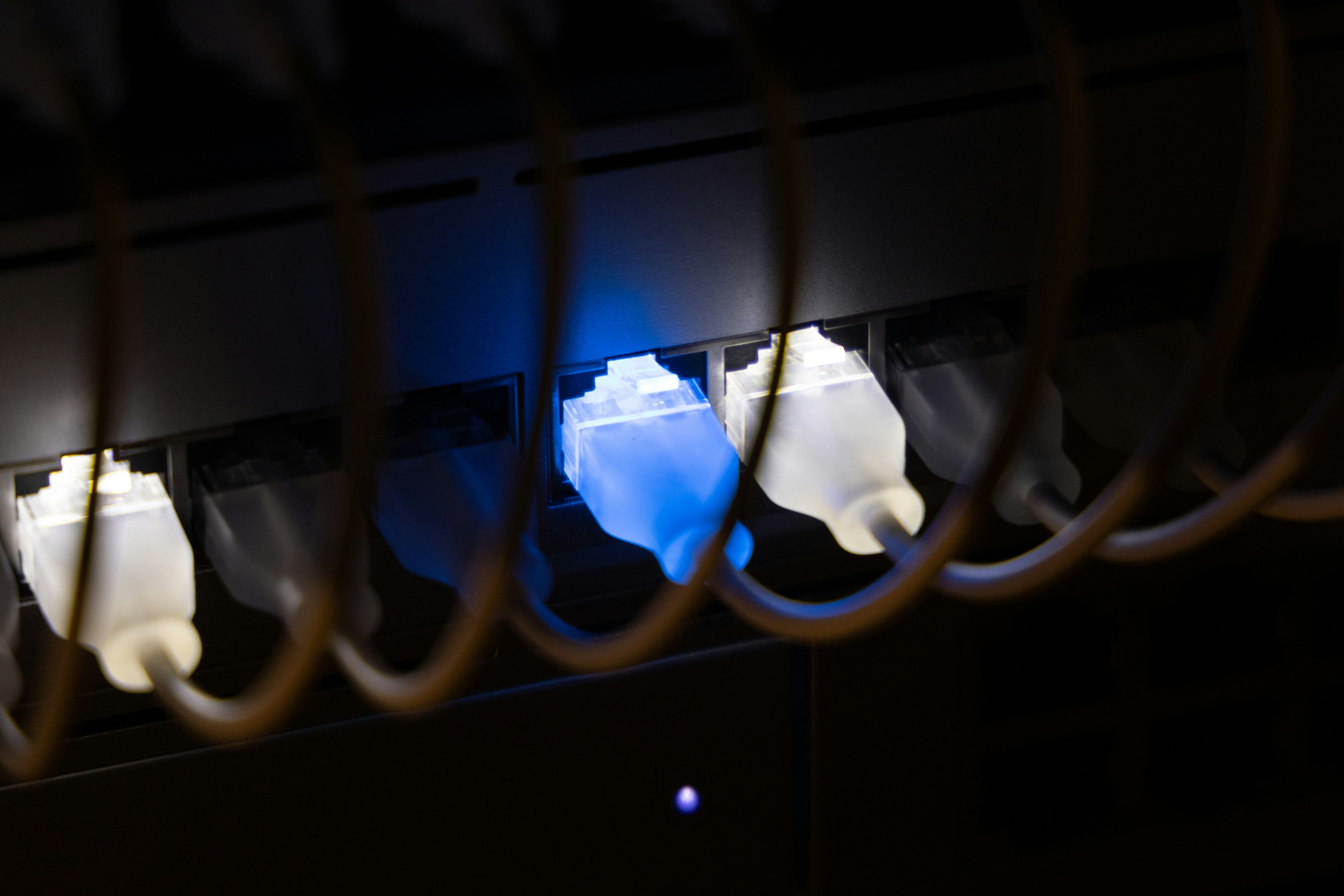 Close-up of network switch with illuminated ethernet cables